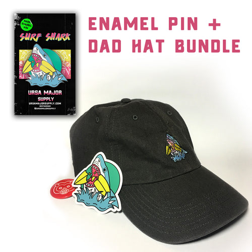 Surf Shark Pin + Charcoal Black Dad Hat Bundle